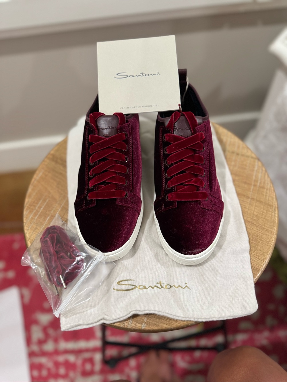 Santoni Women’s Burgundy Velvet Low Top Sneakers Size 5.5